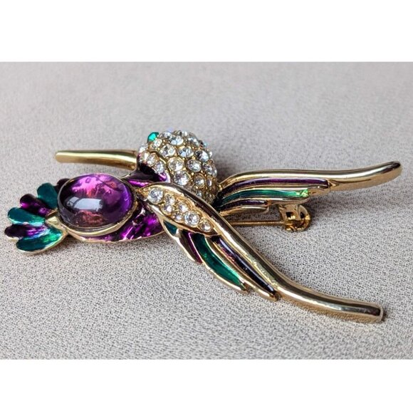 Vintage Signed LP Gold Tone Enamel Cabochon Rhinestones Hummingbird Brooch - Picture 3 of 9